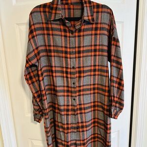 Plaid Button-Up Shirt - Orange and Gray